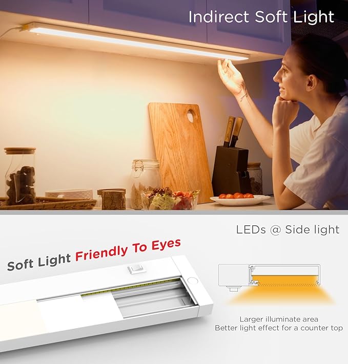 16 Inch Under Cabinet Lighting Plug in, 9W 120V 3 Color 3000K/4000K/5000K, 3 Brightness, Super Bright, Ultra Thin Under Counter Lights for Kitchen, Linkable LED Cabinet Light, White