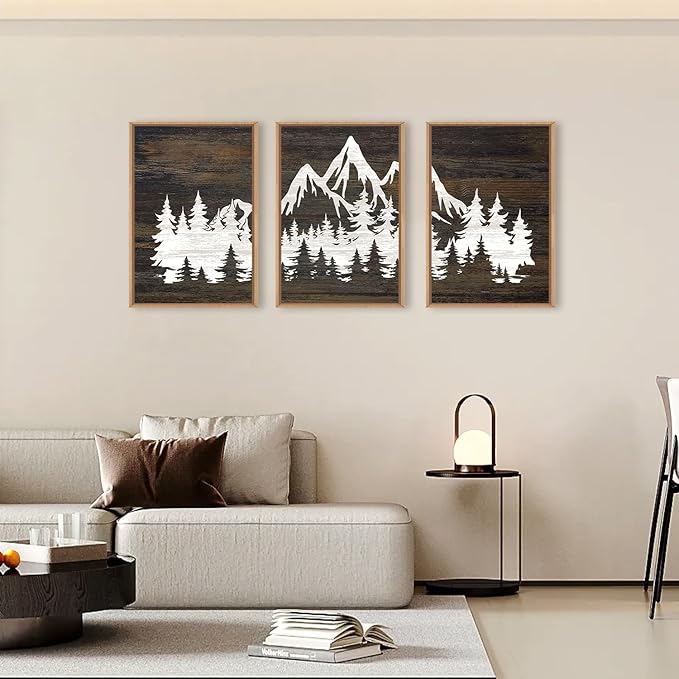 LHIUEM Large Mountain Tree Framed Canvas Wall Art Set,Modern White Forest Art Printing Country Minimalist Wood Wall Decor Farmhouse Zen Artwork for Living Room Bedroom Office-24''x36''x3