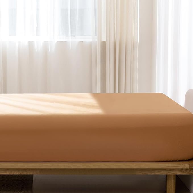 MooMee Fitted Bottom Sheet Only 100% Washed Cotton Linen Like Textured Breathable Durable Soft Comfy Deep Pocket Fits Mattress up to 17" (Burnt Orange, Twin)