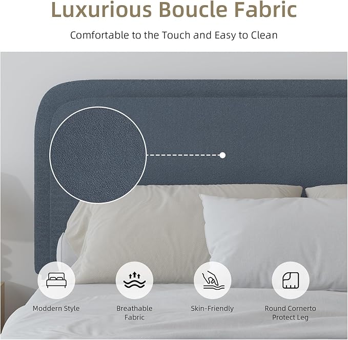 BarnFurin Queen Bed Frame with Headboard, Boucle Upholstered Platform Bed Frame, Luxurious Soft Rounded Corners, No Box Spring Required, Easy Assembly, Blue