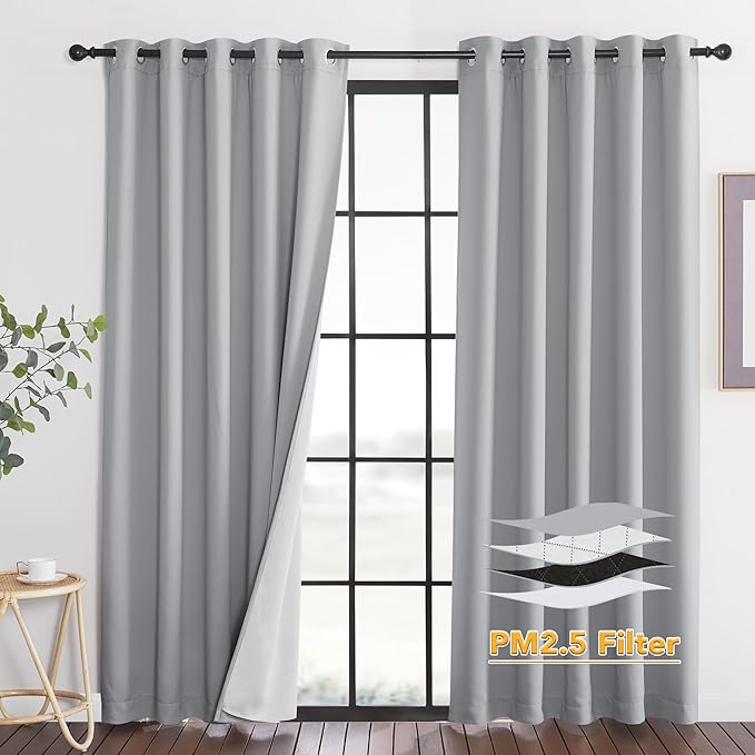 RYB HOME Dustproof Curtains for Large Window, Soundproof Thermal Insulated Blackout Curtains for Sliding Glass Door Furance Office Dorm Bedroom Living Room, Silver Grey, W62 x L84 inch, 2 Panels