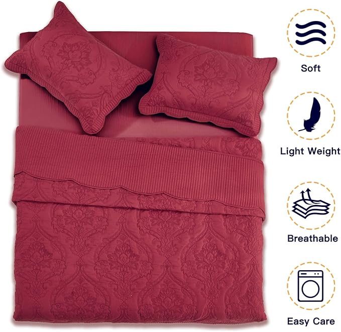 CHIXIN Bedspread Coverlet Quilt Set Full Size - Lightweight Bedding Cover - Beautiful Stitching - 5 Piece Reversible Bedspread - Gorgeous Damask Paisley Pattern (Full, Wine Red)