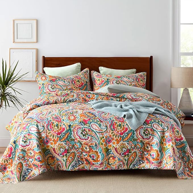 Cotton Bedspread Quilt Sets, Reversible Bedding Coverlet Sets Comforter, Gorgeous Red Floral Paisley Bedspread, Queen Size
