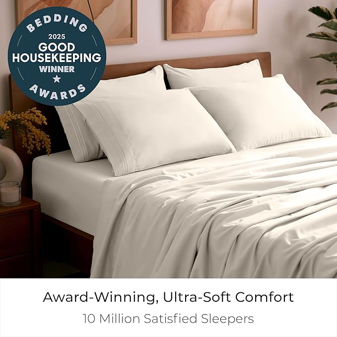 Mellanni Full Sheet Set - 6-Piece Iconic Collection Bedding, (Including 4 Pillowcases), 16-Inch Deep Pocket, Easy Care, Extra Soft, Cooling Sheets, Brushed Microfiber - Golden Ivory