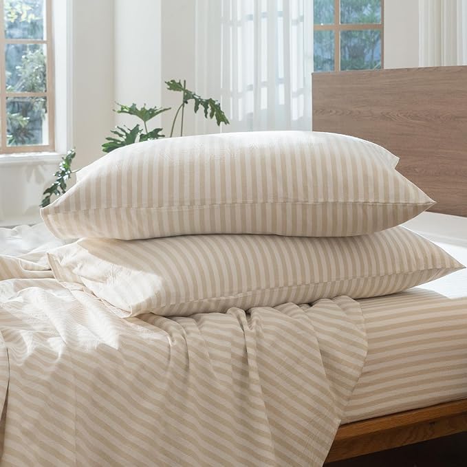 MooMee Striped Duvet Cover Set 100% Washed Cotton Linen Like Textured Breathable Durable Soft Comfy (Almond Milk Grey Classic Stripes, Super King 108"x98")