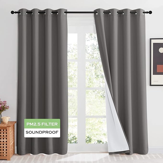 KGORGE 4-in-1 Soundproof Anti Dust 100% Blackout Curtains with Melt-Blown Layer Thermal Insulating Window Treatment Drapes for Living Room Bedroom Kis Nursery, W 52 x L 84, Grey, 2 Panels