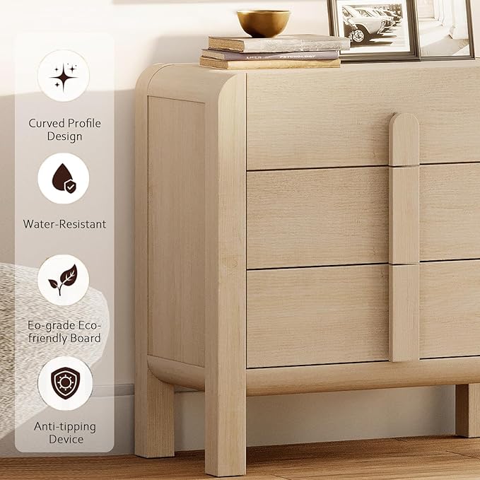 WAMPAT 3 Piece Bedroom Dresser Set, 110.2" Wide Mid Century Modern Chest of Drawers with Curved Handles, Dresser TV Stand with 12 Drawers, Wood Drawer Organizer for Bedroom, Light Oak