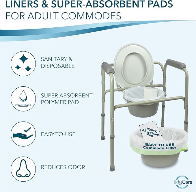 TidyCare Disposable Bedside Commode Liners and Pads for Portable Toilet Chair Seat Bucket and Bedpan | Combo Pack of 72 Waste Bags and 72 Absorbent Pads | Universal Fit