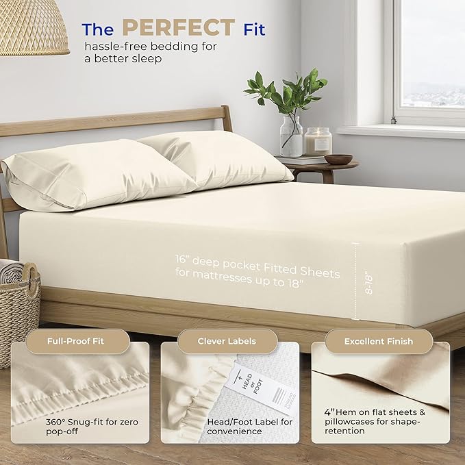 THREAD SPREAD 100% Cotton Bed Sheets Queen Sheet Set - 400 Thread Count Sheets Queen Size 4 PC Set (Ivory), Soft, Cooling, Hotel-Quality 16" Deep Pocket Sateen Cotton Bedsheet for Hot Sleepers