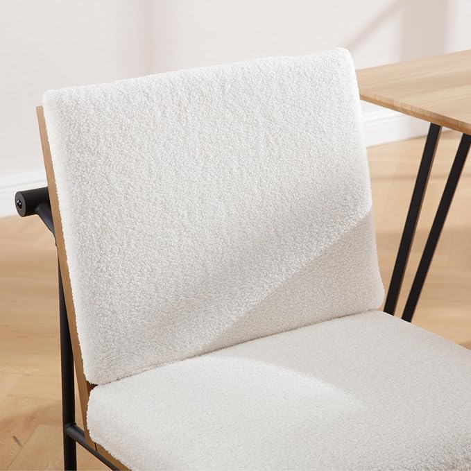 Modern Dining Chairs Set of 6, Comfy Sherpa Fabric Armless Upholstered Side Chairs with Wooden Backrest Black Metal Legs for Dining Room Living Room, White