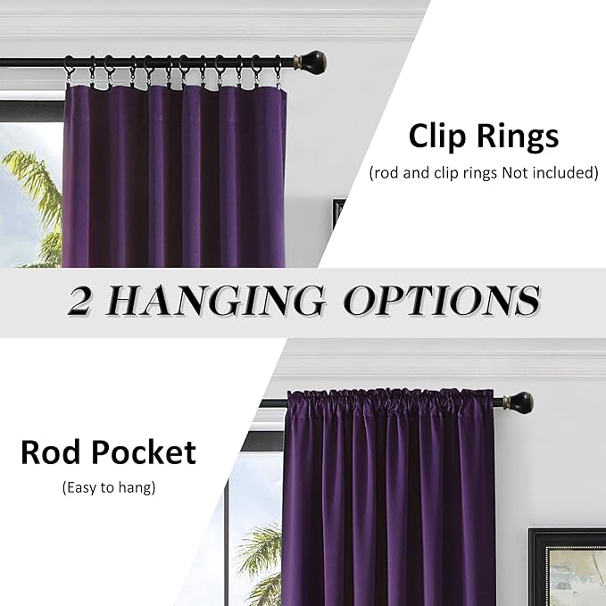 DONREN Room Darkening Window Curtain Panels for Bedroom - Rod Pocket Blackout Solid Curtains for Dining Room(Purple,52 W x 96 L 2 Panels)