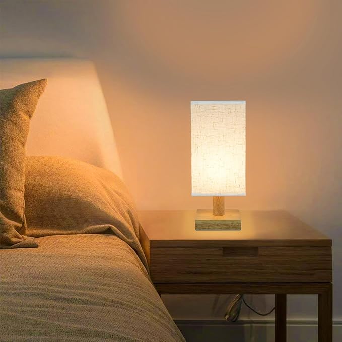 Small Bedside Table Lamps Set of 2, Minimalist Nightstand Lamp Set of 2 with Square Fabric Linen Shade, Mini Reading Night Stand Desk Lamp Set for Bedroom, Living Room, Office 4.3in