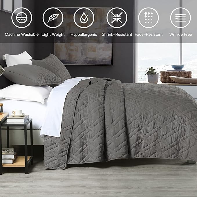 HORIMOTE HOME Quilt Set King Size Grey, Classic Geometric Diamond Stitched Pattern,Microfiber Ultra Soft Lightweight Bedspread Coverlet for All Season, 3 Piece Includes 1 Quilt and 2 Shams