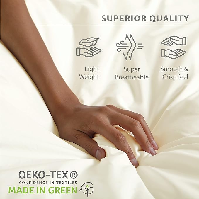 Linen Home 100% Cotton Percale Sheets Twin XL Size, Ivory, Deep Pocket, 3 Pieces Set - 1 Flat, 1 Deep Pocket Fitted Sheet and 1 Pillowcase, Crisp Cool and Strong Bed Linen