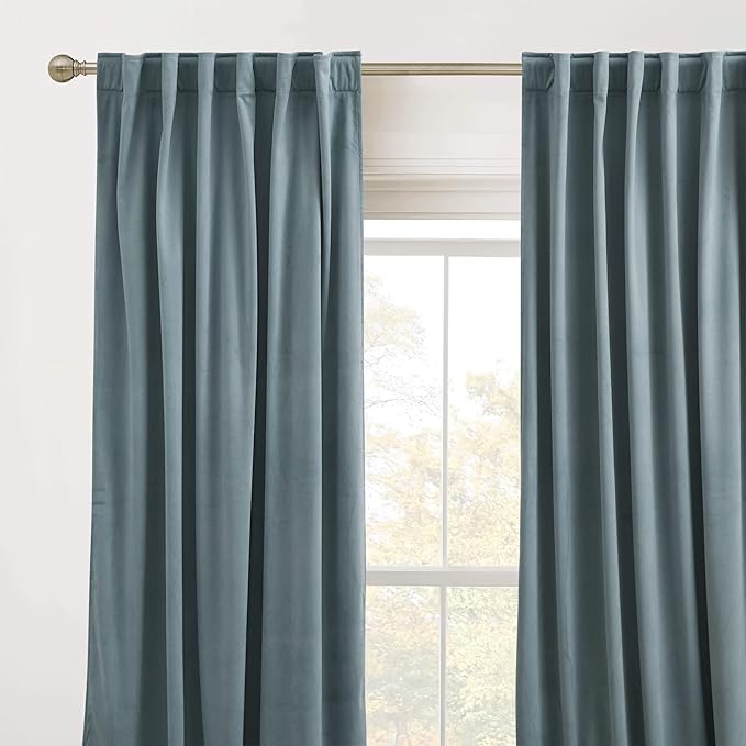 RYB HOME Velvet Curtains 63 inches Length, Back Tab & Rod Pocket Soft Fabric Curtains & Drapes for Bedroom Bathroom Cafe, Stone Blue, W 42 x L 63, 2 Panels Set
