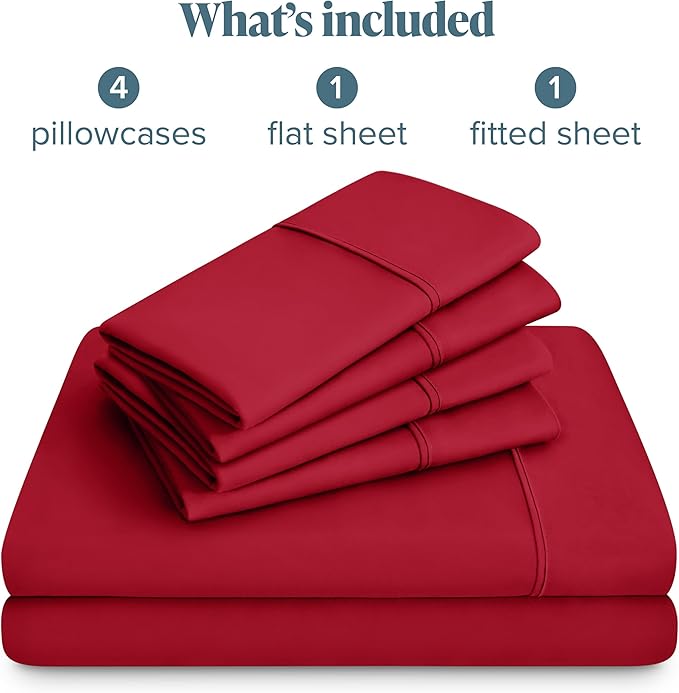 Bare Home Hotel Luxury Queen Sheet Set, Extra Soft - 6 Piece Set - Deep Pockets - Easy Fit - Cooling & Breathable - Wrinkle, Fade, Stain Resistant - Includes 4 Pillowcases (Queen, Red)