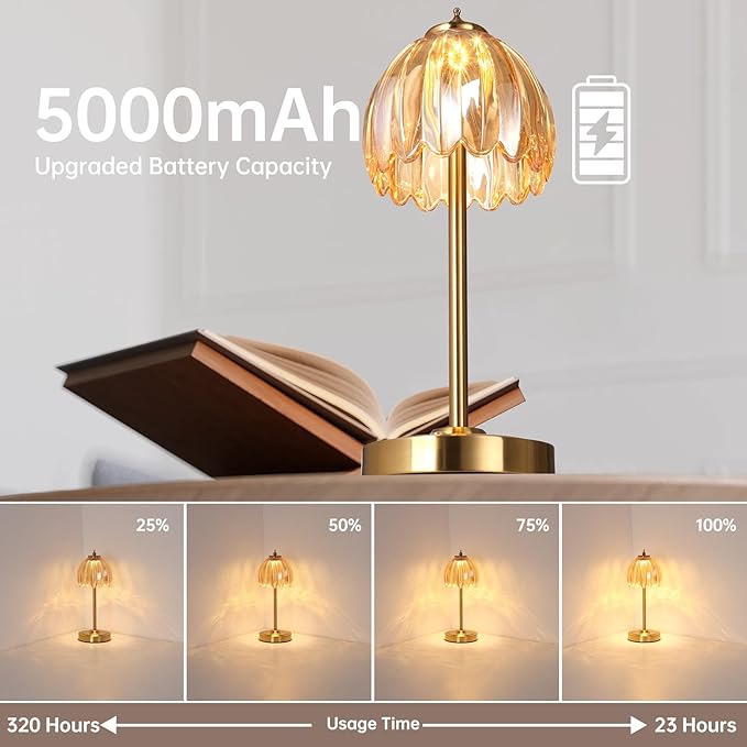 Tulip Table Lamp with 5000mAh Battery & Touch Control, Small Cordless Table Lamp with 3 Colors, Dimmable Rechargeable Battery Operated Table Lamps for Bedroom, Bedside, Desk (Amber Tulip)