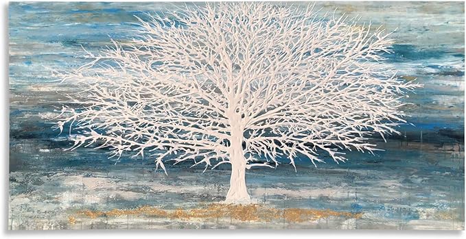 RICHSPACE ARTS Modern Tree Canvas Wall Art Teal Blue and White Pictures Large Abstract Decor Framed Landscape Oil Painting Artwork with 3d Texture and Gold Foil for Living Room Bedroom(20W*40L