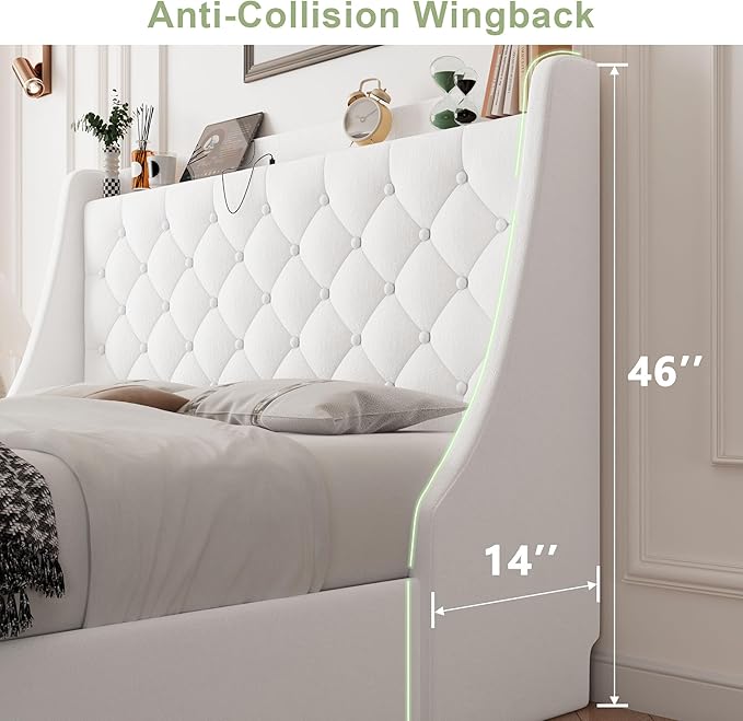 Feonase Upholstered Queen Size Bed Frame with 4 Storage Drawers, Charging Station, Tufted Wingback Storage Headboard, No Box Spring Needed, Easy Assembly, White