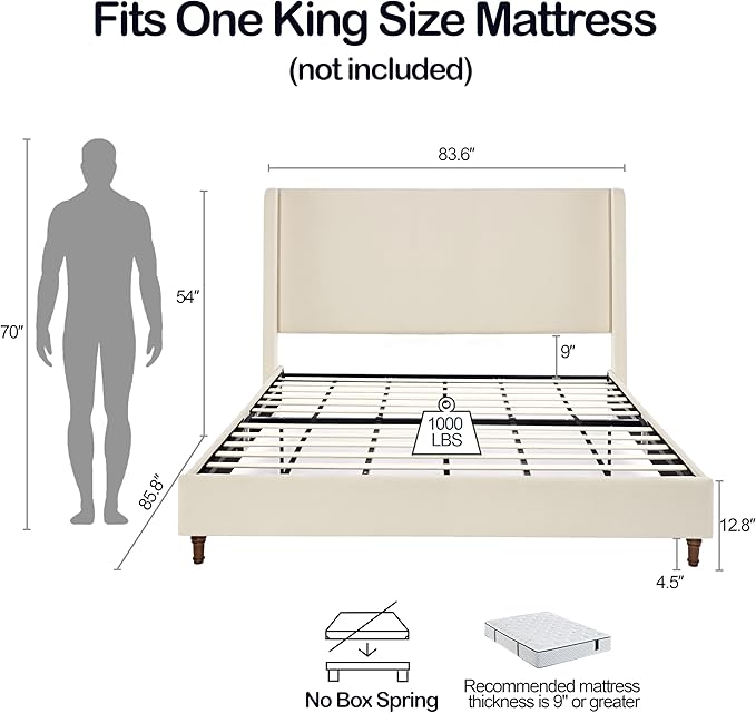 Harper Bed Frame with 54" Extra-Tall Headboard - Modern Wingback Upholstered Platform Bed, Textured Boucle Fabric, 1000lbs Heavy Duty Support, No Box Spring Needed(Ivory, King U.S. Standard)