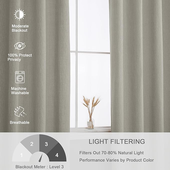 Jacquard Linen Curtains 108 inch Length 2 Panels Thick Faux Linen Blended Window Drapes Burlap Textured Curtains with Grommet for Living Room Bedroom Farmhouse (52x108 Light Khaki) Natural