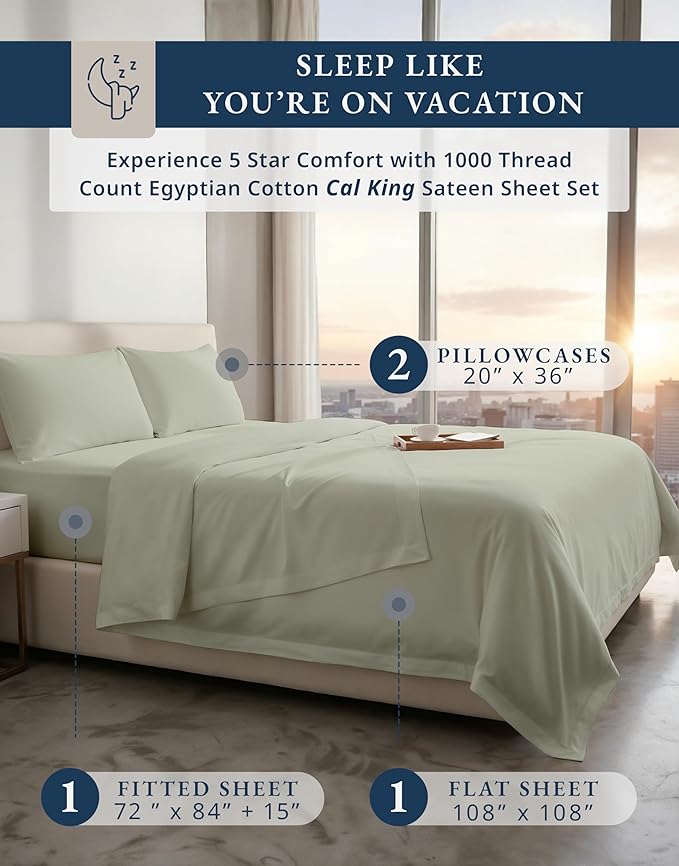 LANE LINEN 100% Egyptian Cotton Bed Sheets sábanas California King - 1000 Thread Count, Soft & Comfy Thick Bedding Sheets & Pillowcase Set, Machine Wash 15" Deep Pocket Cal King Sheet Set -Mineral