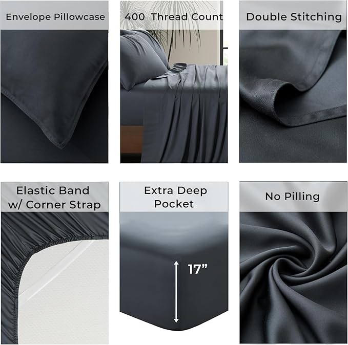 Luxury Bamboo Market | Queen Size Bed Sheet Set | 100% Viscose Made from Bamboo | Organically Grown | Ultra Soft | Cooling Sheets for Hot Sleepers | 17" Deep Pocket [Charcoal Grey]