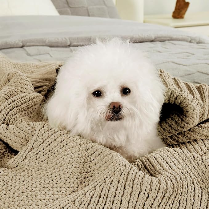 Amélie Home Chevron Chenille Knit Throw Blanket for Couch, Cozy Texture Decorative Soft Blanket for Sofa & Chair, 50"x60", Beige