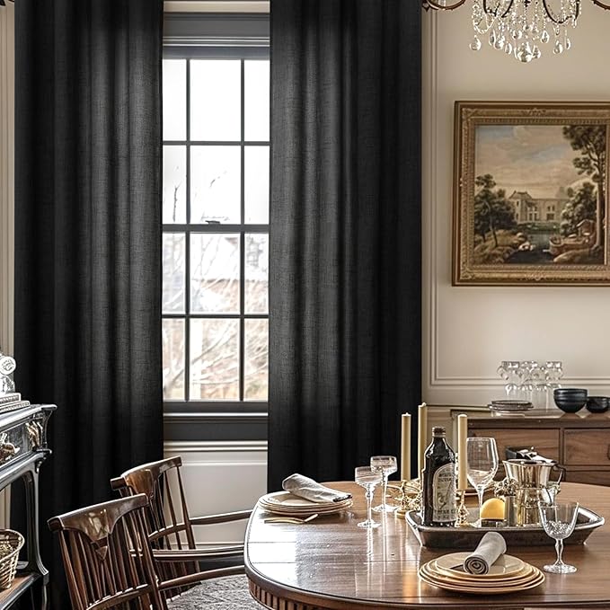 YoungsTex Black Linen Curtains 63 Inches Length for Living Room, Semi Sheer Drapes with Bronze Grommet Light Filtering Privacy for Bedroom Gothic Decorative, 42 x 63 Inch, 2 Panels