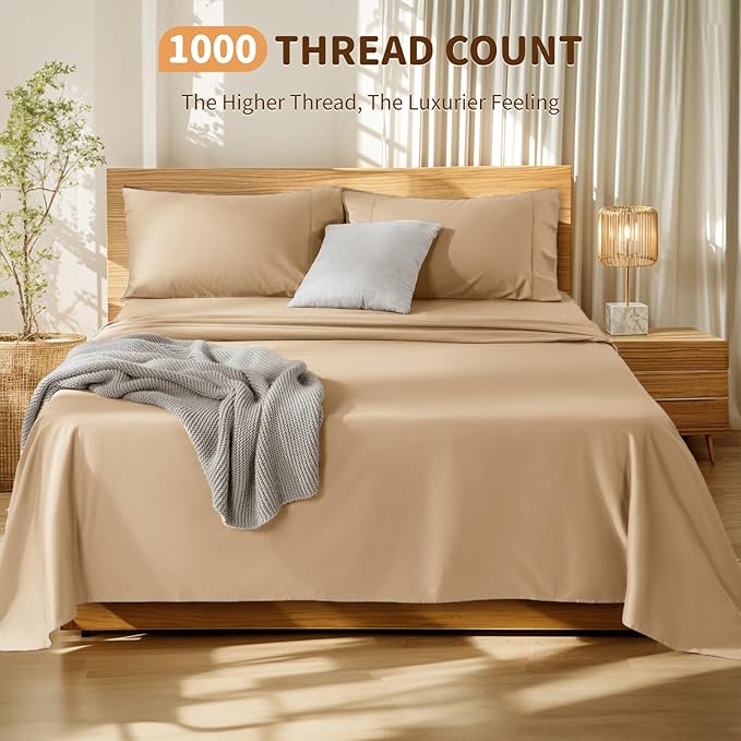 LBRO2M 100% Cotton Sheets Set Deep Pocket 19", 1000 Thread Count California King Size 4 Piece Bed Sheet Sets Soft Comfortable Bedding All Season (California King, Cream)