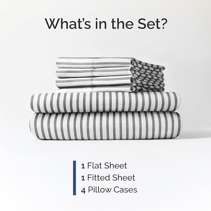 Cal King 6 Piece Sheet Set - Cooling & Breathable - Hotel Luxury Bedding, Includes Fitted Sheet for Women, Men, Kids & Teens - 1 Flat, 1 Fitted Sheet, 4 Pillowcases with Deep Pockets - Grey Stripes