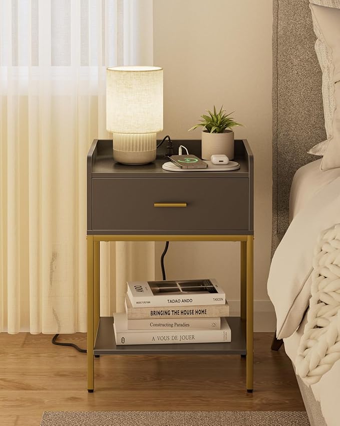 Masupu Nightstand with Charging Station,3-Tier Modern Bedside Night Stand with Storage Drawer and Shelf,Small End Side Table for Bedroom,Living Room,Grey