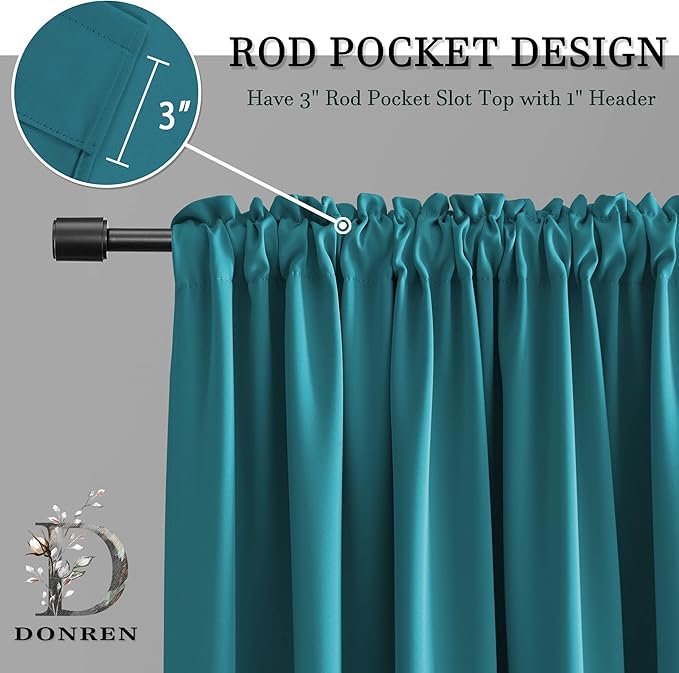 DONREN Teal Room Darkening Curtain Panels for Bedroom - Thermal Insulated Room Darkening Rod Pocket Drapes for Living Room (W 52 x L 63 Inch,2 Panels)