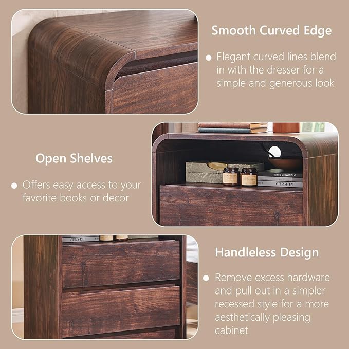 25" Tall Modern Nightstand with Charging Station, 23.6'' Wide Wood Bedside Table w/2 Storage Drawers, Large Mid Century End Table for Bedroom, Living Room, Curved Profile Design, Brown