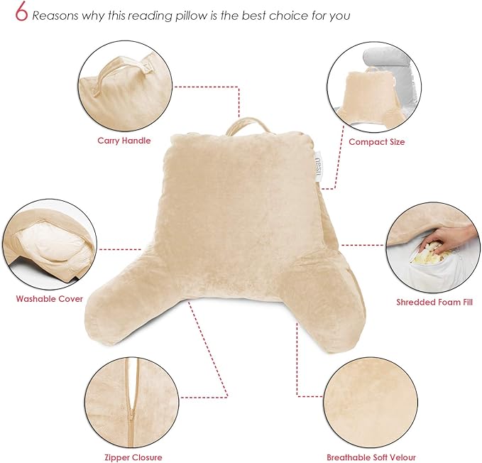 Nestl Reading Pillow with Shredded Memory Foam, Designed for Sitting Up in Bed and Couch, Back and Arms Adjustable Support for Adult & Teens Backrest Pillows for Reading, Washable Cover, Beige Cream