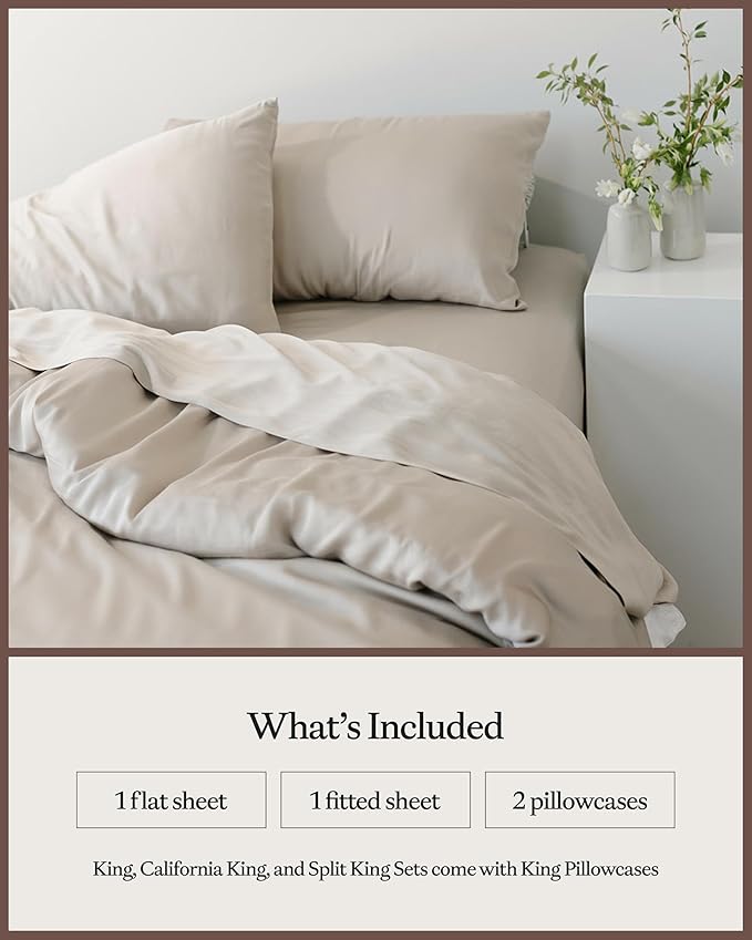 Cozy Earth Luxury Bed Sheet Set - 100% Viscose from Bamboo Fabric, Ultra-Soft & Breathable, Fits Regular & Deep Pocket Mattresses up to 20" - 4 Pieces Split King Sheet Set Driftwood