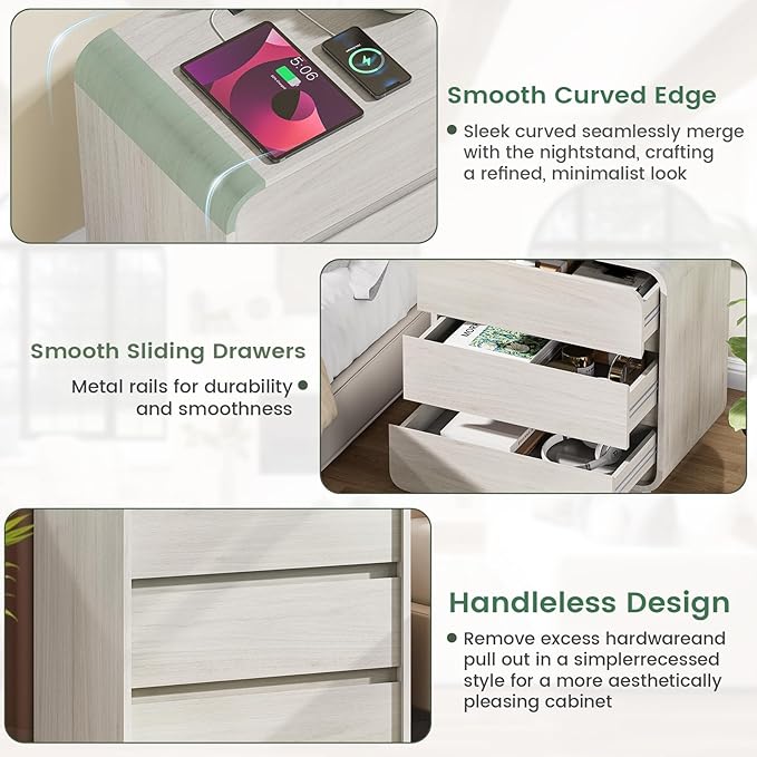 White Nightstand with Charging Station, 25" Tall Wood Bedside Table, Modern Dresser End Table with 3 Storage Drawers, Curved Profile, Mid Century Night Stand for Bedroom Dorm Sofa Office