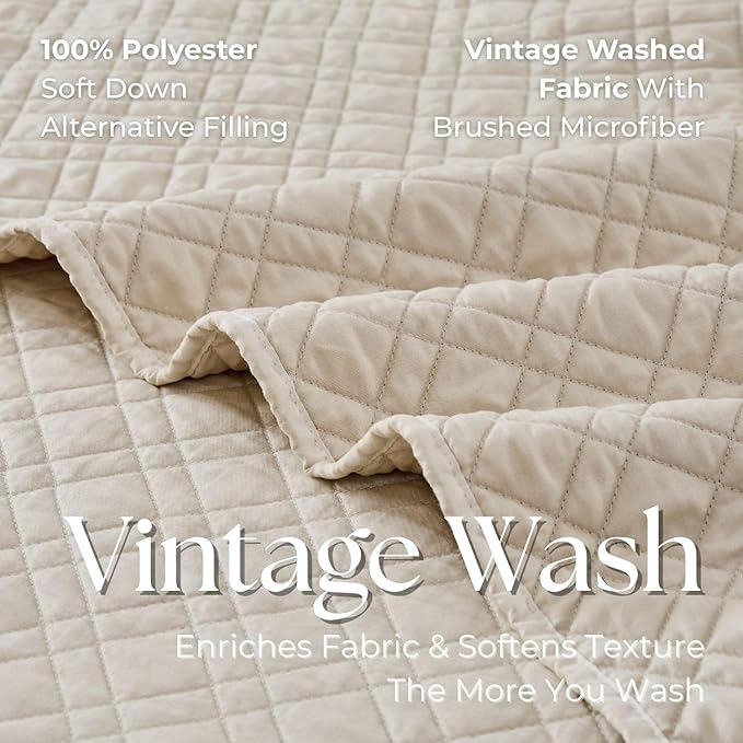 DOWN HOME Twin Quilt Set with Sham Lightweight Quilted Bedspread Coverlet Thin Comforter Bed Cover Vintage Washed Quilted Blanket for All Season, Brushed Microfiber Diamond Stitching, Beige, 66"x92"