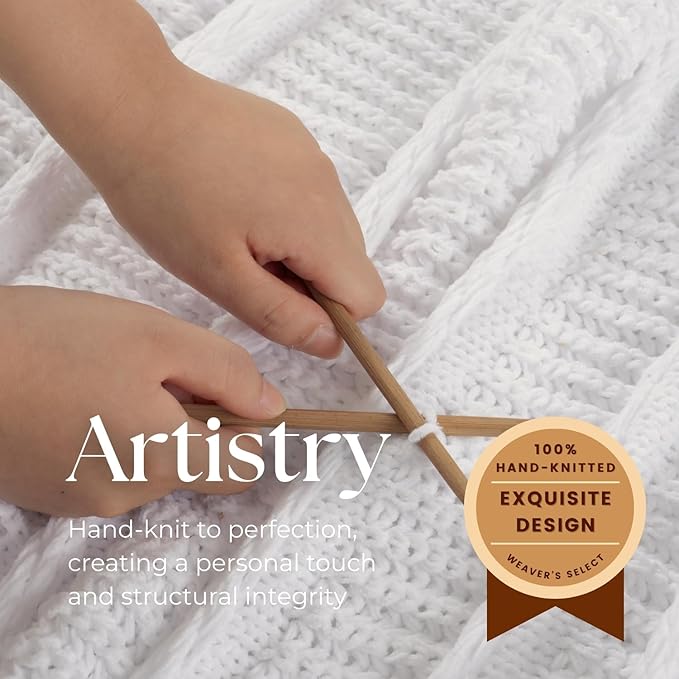 Boho Knitted Chenille Blanket with Tassels - Lightweight & Soft All-Season Throw - 3D Classic Pattern for Living Room Bedroom Couch, Cloud White, Twin 60"x80"