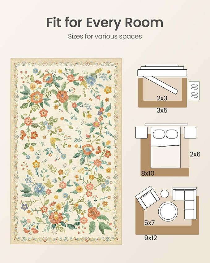 Amada 6x9 Area Rugs, Non-Slip & Low-Profile Living Room Rug with Reinforced Edge Binding, Soft Large Washable Boho Floral Rugs for Living Room, Bedroom, Dining Room