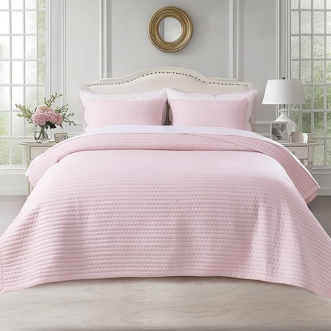 KASENTEX Queen XL Quilt Set 98"x98" – Soft Washed 3-Layer Lightweight Bedspread, Minimalist Nordic Design, All-Season Spring & Summer Quilt Set (1 Quilt + 2 Pillow Shams), Pink