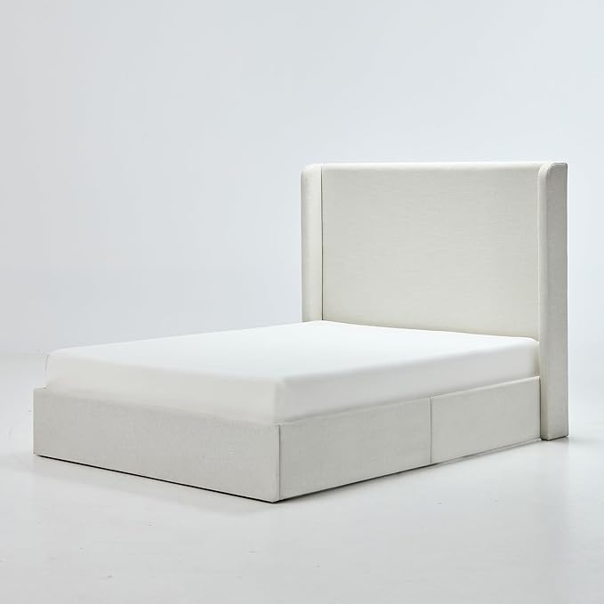Upholstered Bed Frame King Size, 52.3" High Headboard Platform Beds Caron Tall Wingback Bed Frames, Box Spring Request/No Noise/Simplicity Minimalist, Textured Ivory Canvas Chenille
