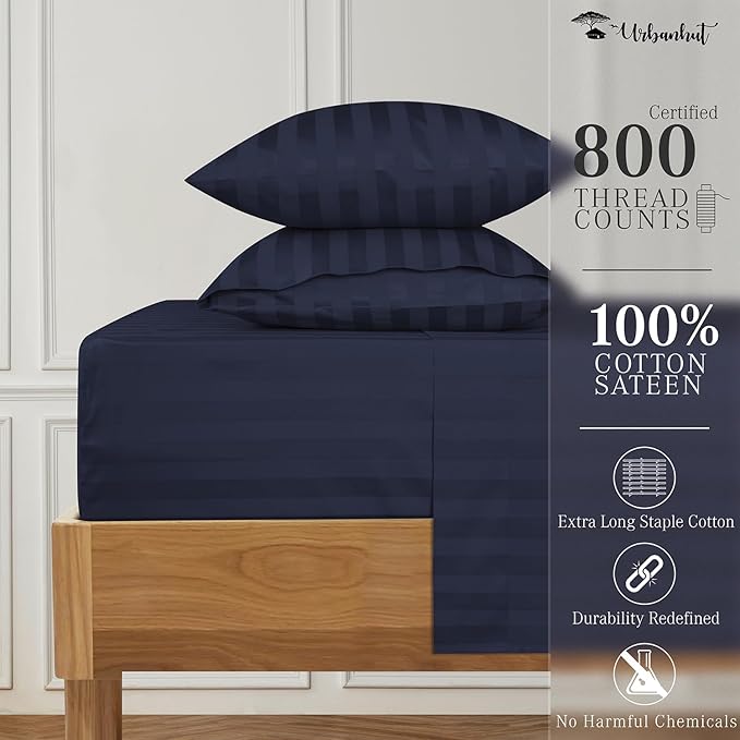 URBANHUT 800 Thread Count 100% Cotton Damask Full Size Sheets, 4 Piece Striped Full Size Bedsheets, Luxury Hotel Sheets Sateen Weave - Better Than Egyptian, 16" Elasticized Deep Pocket- Navy Blue