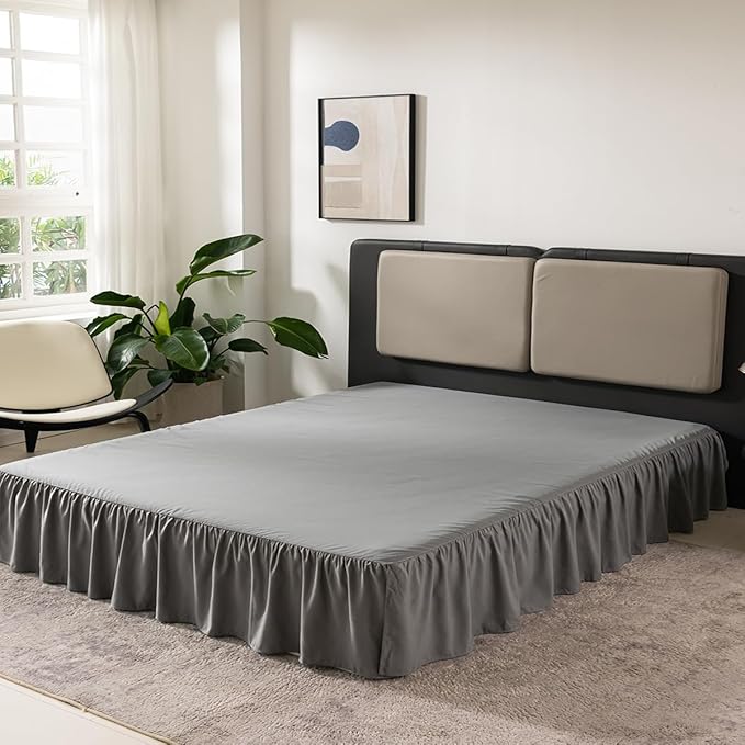 TSUTOMI Queen Size Grey Bed Skirt with Ruffles and Split Corners, 16 Inch Drop