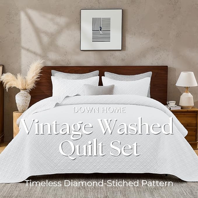 Queen Quilt Set with Shams Lightweight Quilted Bedspread Coverlet Thin Comforter Bed Cover Vintage Washed Quilted Blanket for All Season, Brushed Microfiber Diamond Stitching, White, 88"x92"