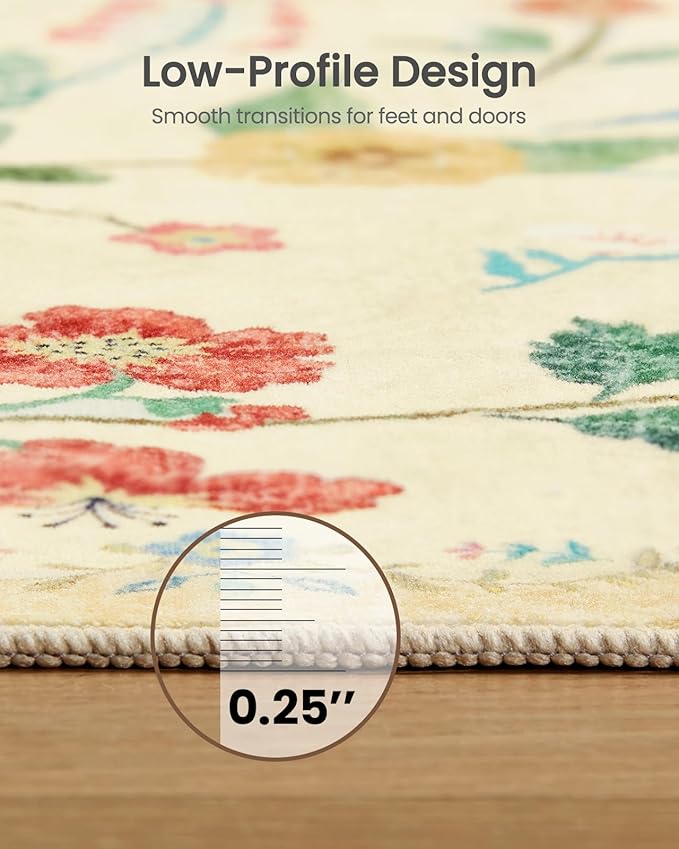 Amada 3x5 Washable Area Rugs, Non-Slip & Low-Profile Entryway Rug with Reinforced Edge Binding, Boho Floral Pattern, Soft Washable Rug for Bedroom, Entryway & Home Office