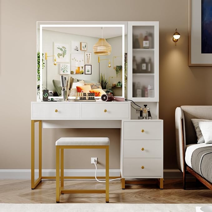 Vanity Set with Lighted Mirror and Charging Station, Extra Large Mirror Makeup Vanity Table with Cushioned Stool,5 Drawers, Modern Vanity Table with Nightstand