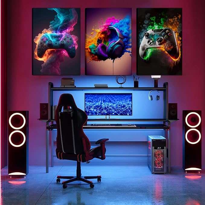 Gaming Room Decor Canvas Wall Art Set of 3 - Cool Video Gaming Theme Wall Decor, Gamer Paintings Picture Print for Teen Boys Room 12x16 inch Framed