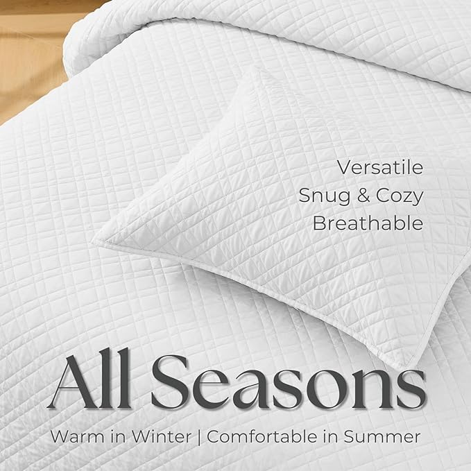 Cali King Quilt Set with Shams Lightweight Quilted Bedspread Coverlet Thin Comforter Bed Cover Vintage Washed Quilted Blanket for All Season, Brushed Microfiber Diamond Stitching, White, 111"x92"