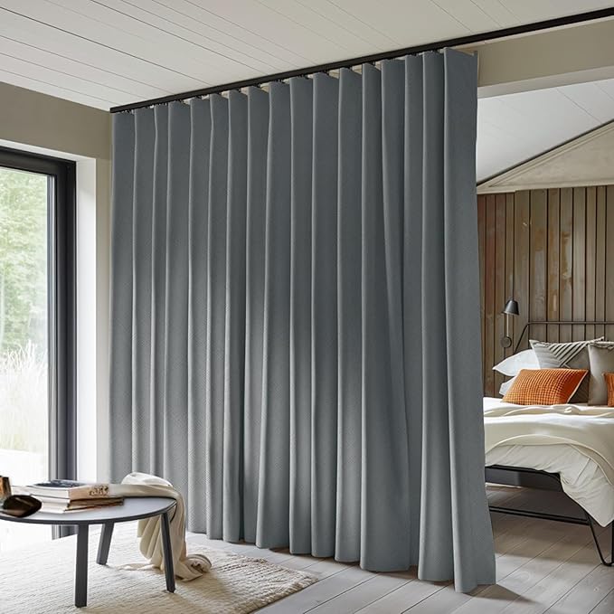 Room Divider Curtains Total Blackout Privacy Curtain Panel Room Thermal Insulated Noise Reduction Curtains for Bedroom Window Living Room Ceiling Track Curtain W 12.5 ft × H 7 ft Dark-Grey